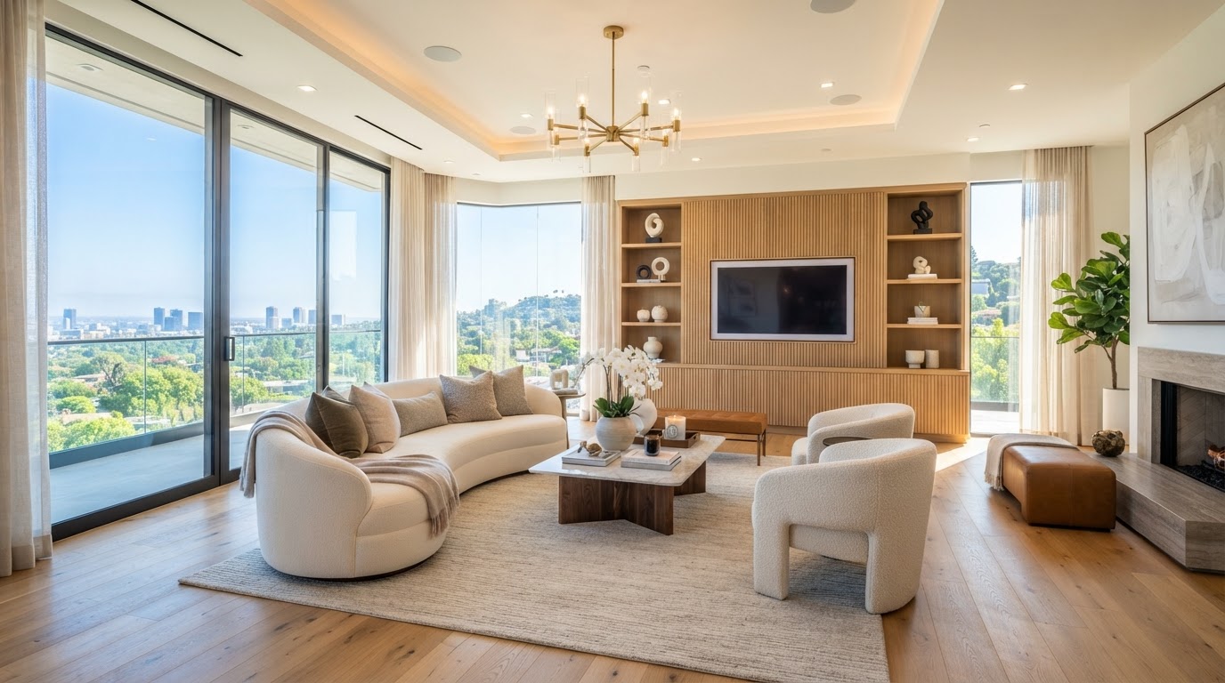 Luxury modern living room with floor-to-ceiling windows