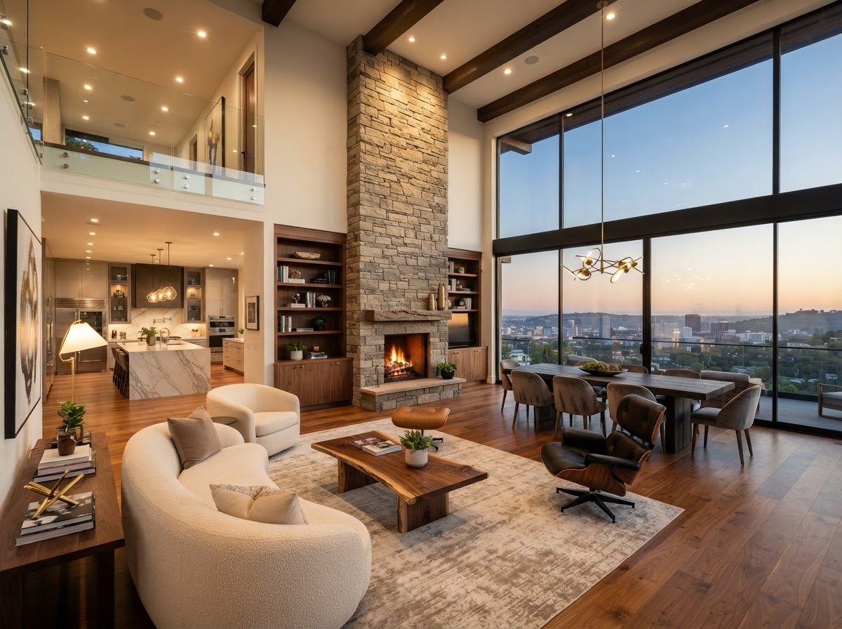 Open-concept luxury living space with fireplace