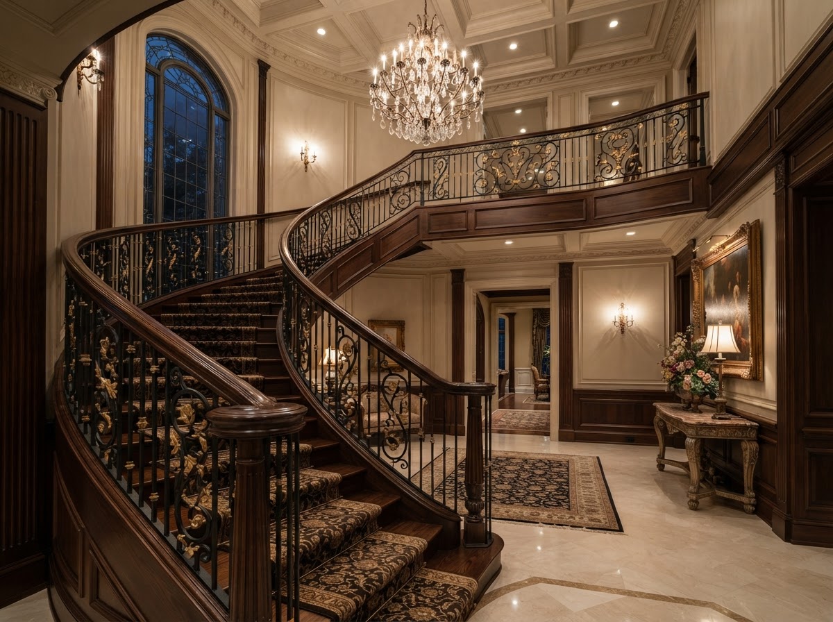Architectural detail of grand staircase and millwork