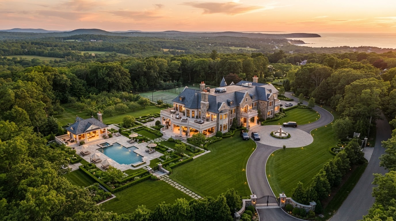 Aerial drone view of luxury estate at golden hour