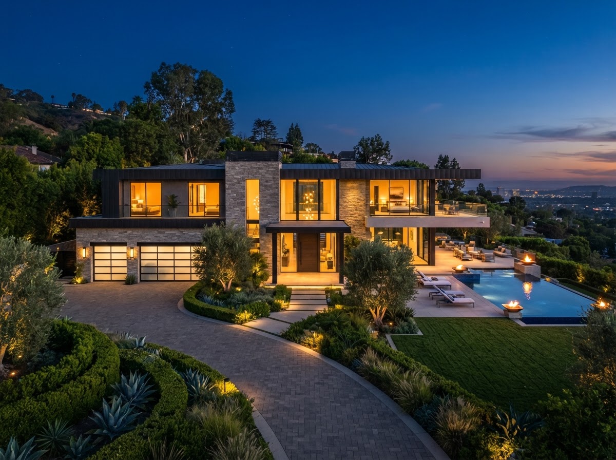 Luxury home exterior at twilight with warm interior lights