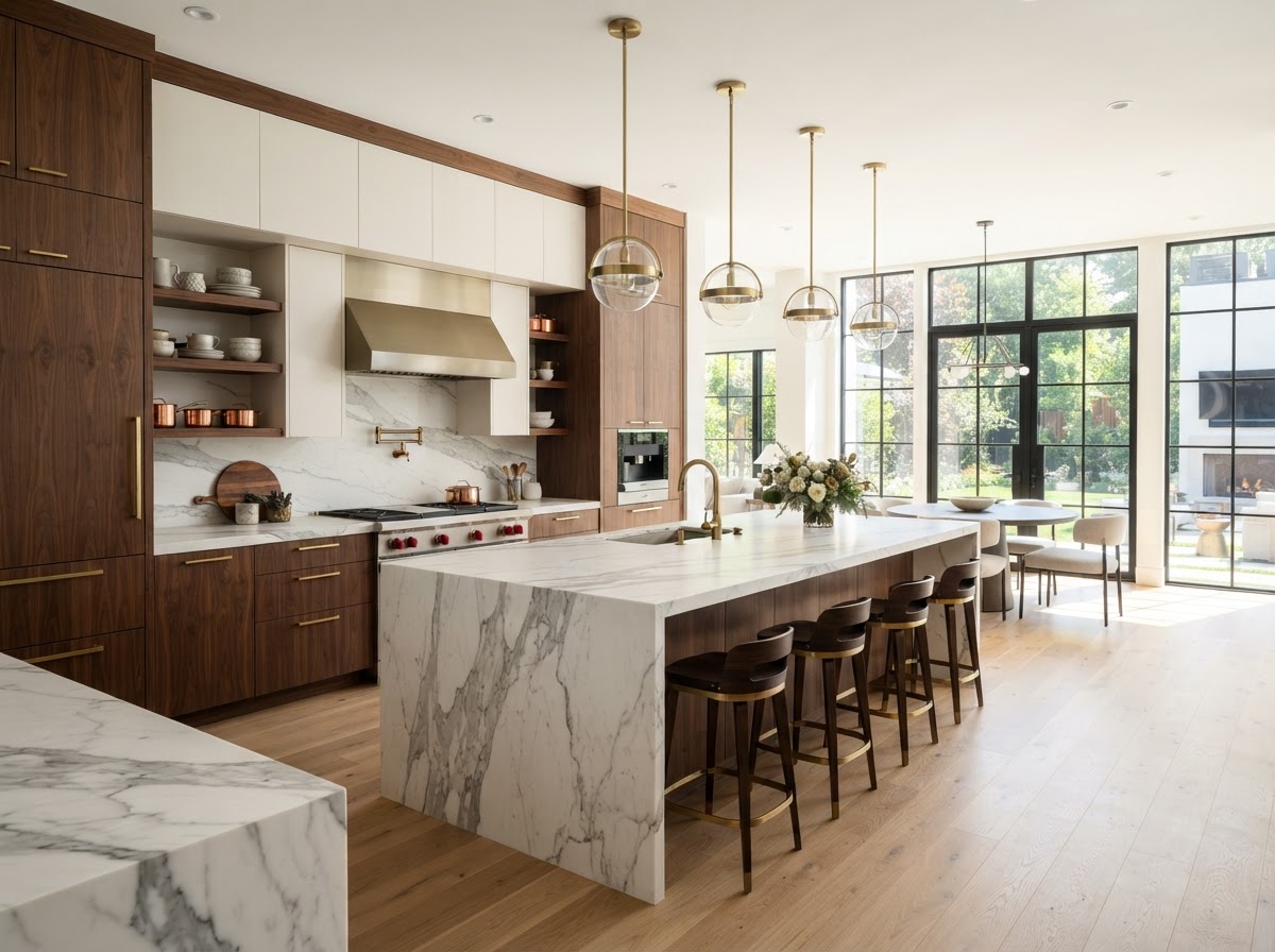 Luxury modern kitchen with marble countertops