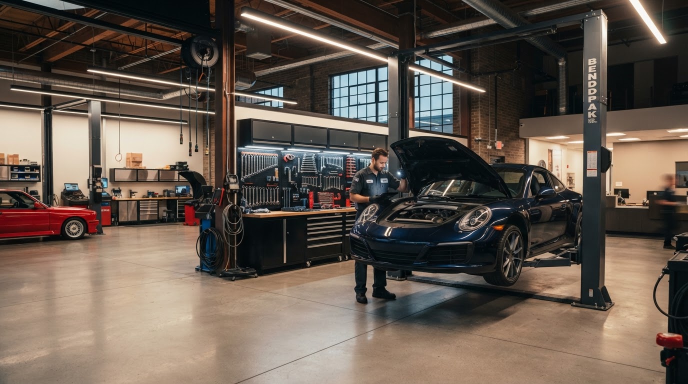 Professional auto repair shop interior with car on a lift