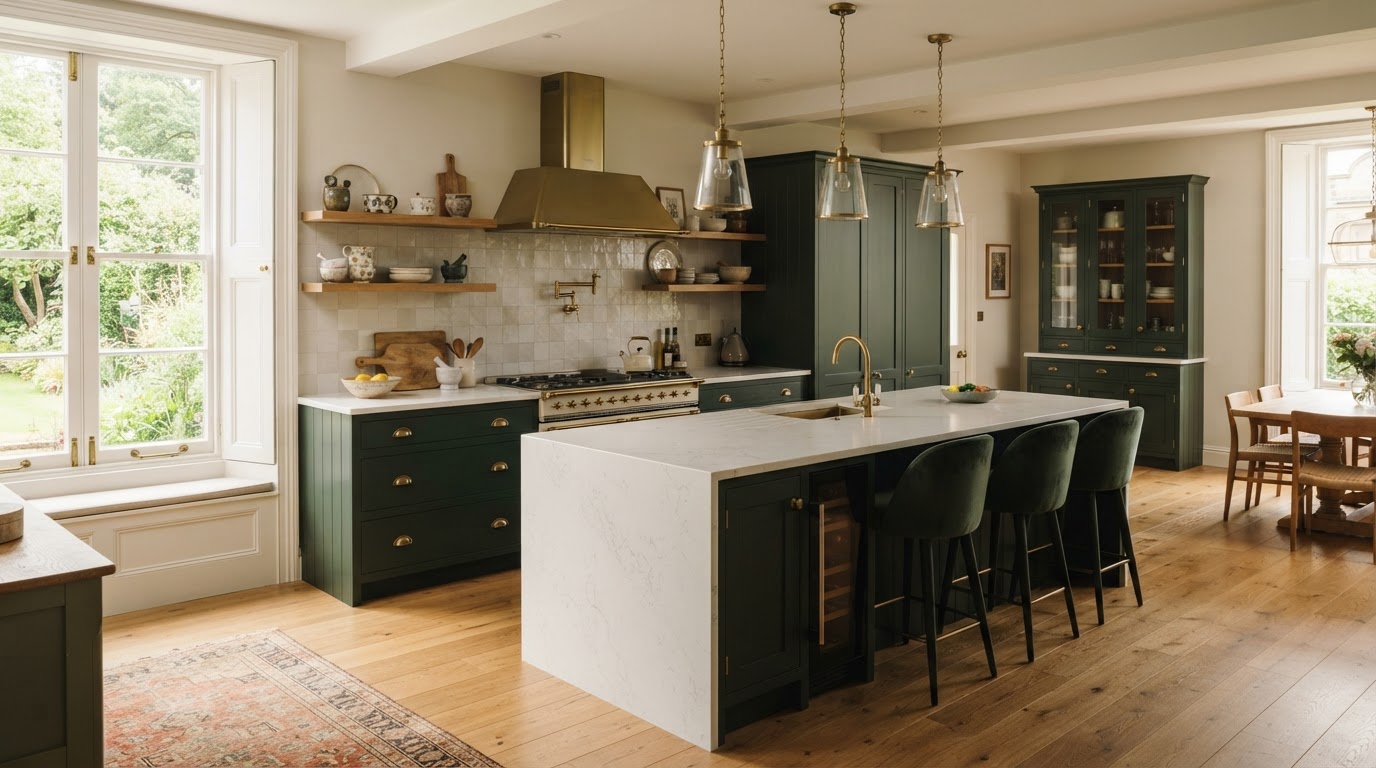 Bespoke Second Nature kitchen with green shaker cabinetry, brass handles and quartz island in a Harrogate home