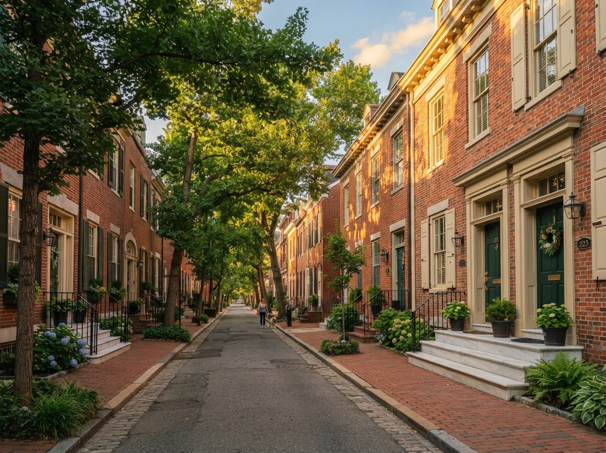 Classic Philadelphia brick rowhomes on a tree-lined street at golden hour