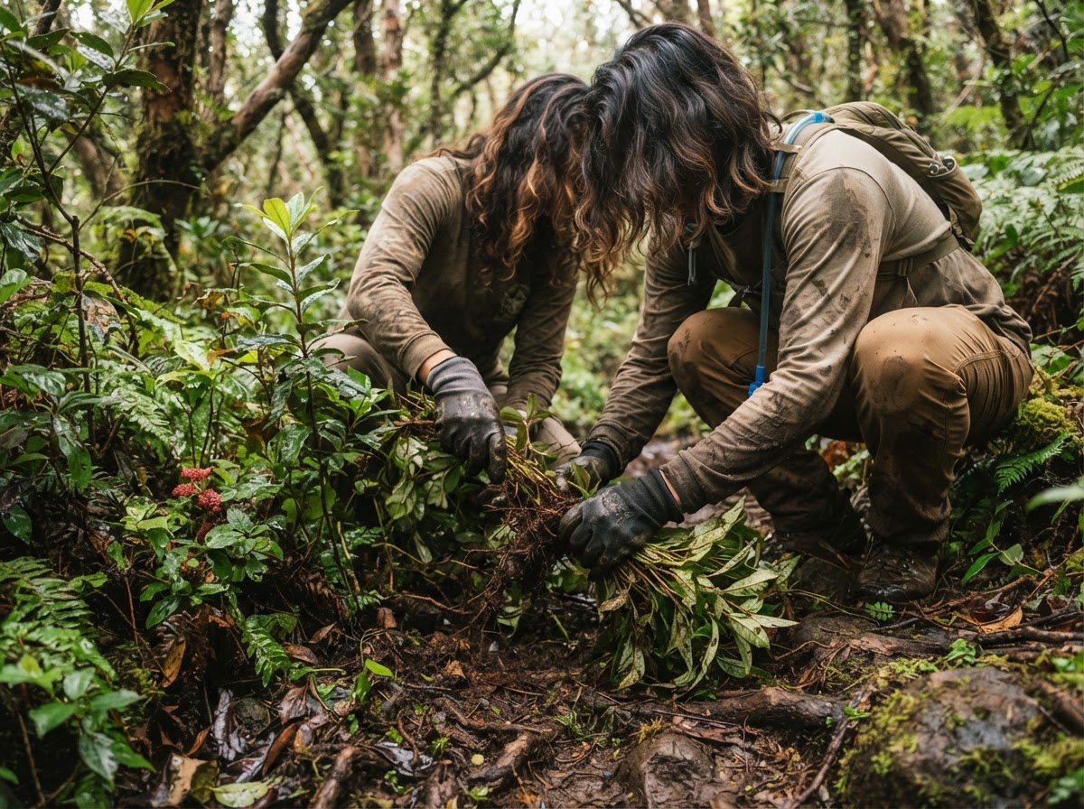 Conservation workers removing invasive plants from native Hawaiian forest on Molokaʻi