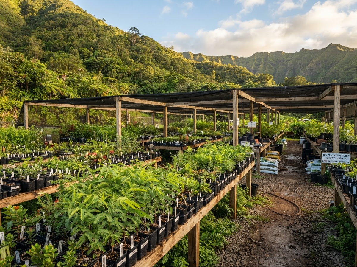 Native Hawaiian plant nursery with rows of young seedlings on Molokaʻi