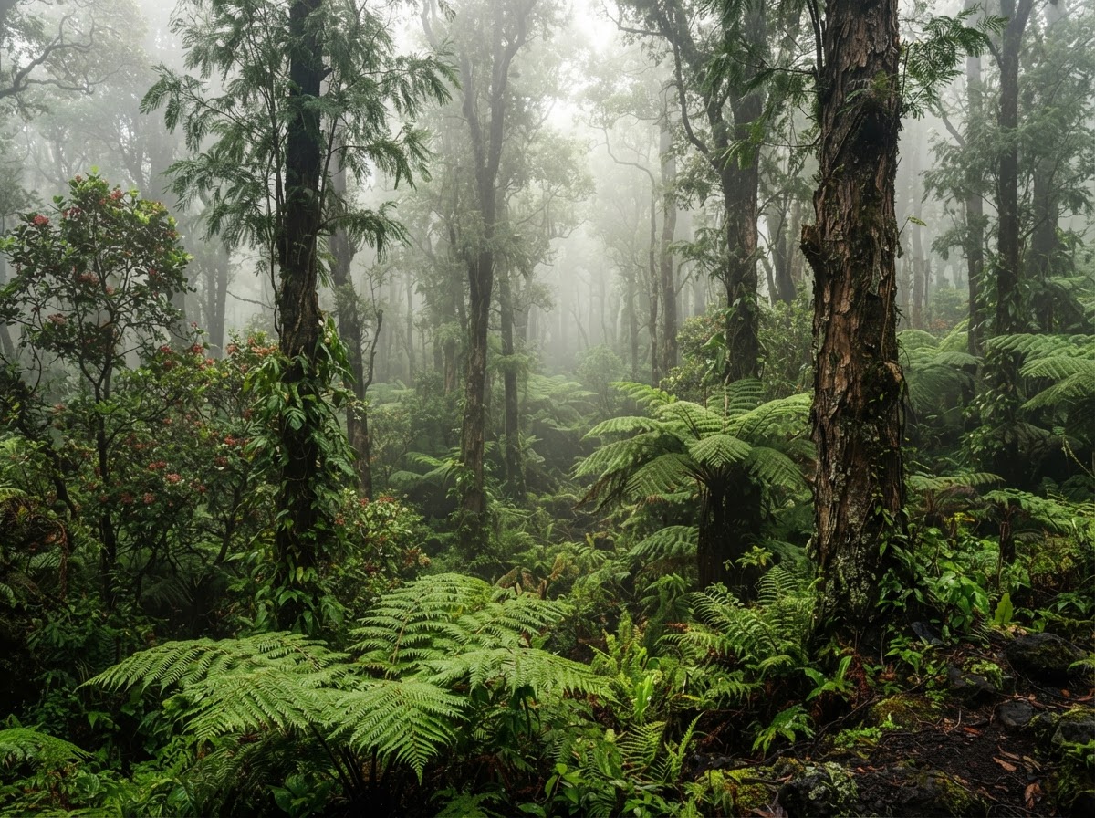 Native Hawaiian koa forest on Molokaʻi with filtered sunlight and lush understory