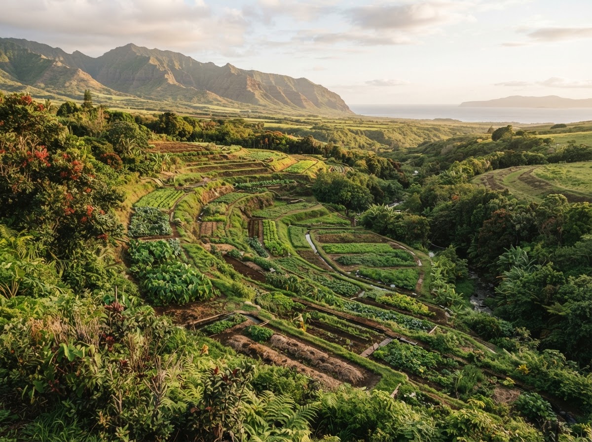 Sustainable Hawaiian agricultural landscape with terraced fields and native trees on Molokaʻi