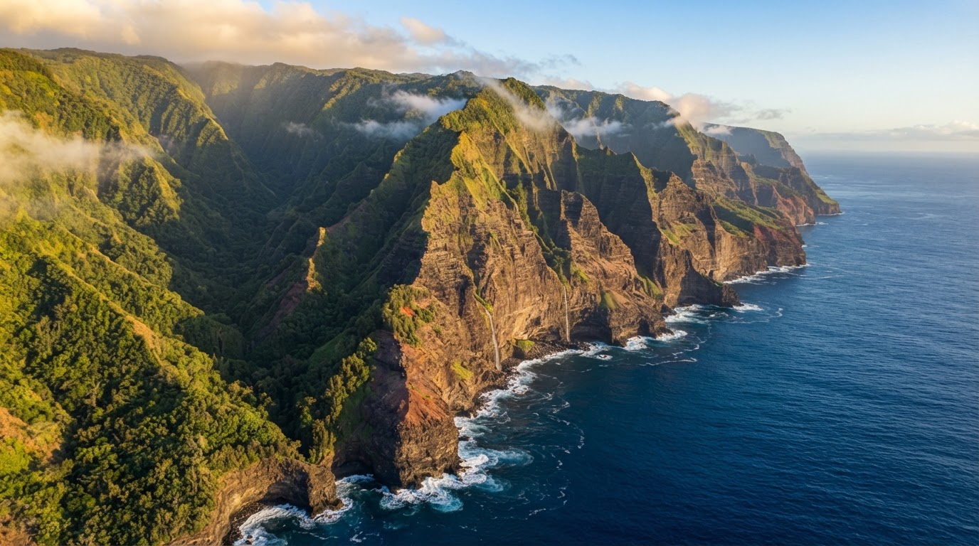 Aerial view of Molokaʻi's green valleys, mountains, and ocean cliffs
