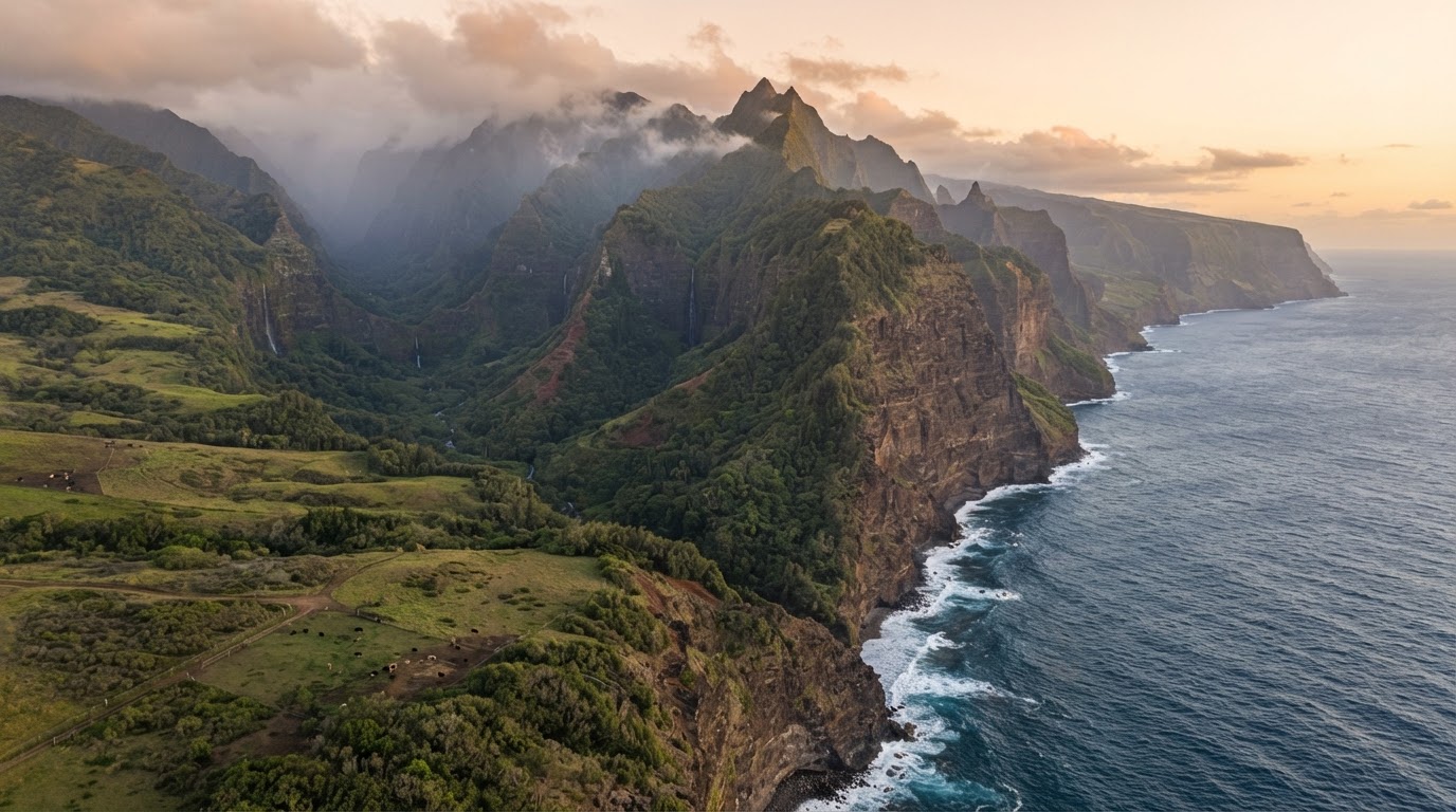 Aerial view of Molokaʻi's valleys, mountains, and ocean cliffs at golden hour