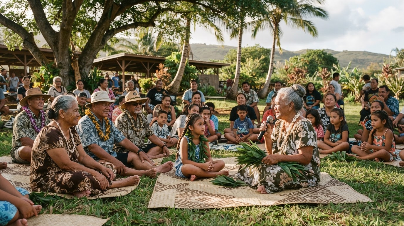 Multi-generational Hawaiian community gathering outdoors on Molokaʻi