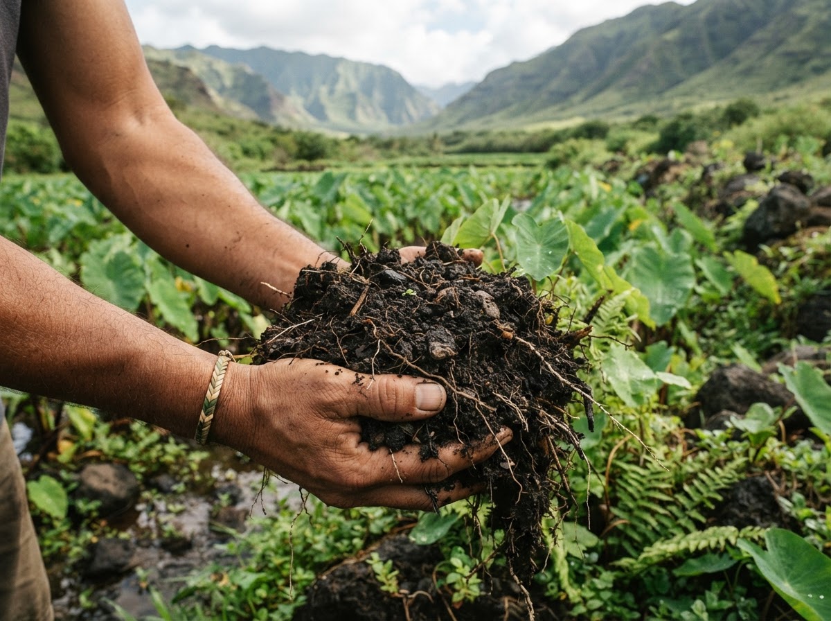 Rich dark volcanic soil held in hands on Molokaʻi agricultural land