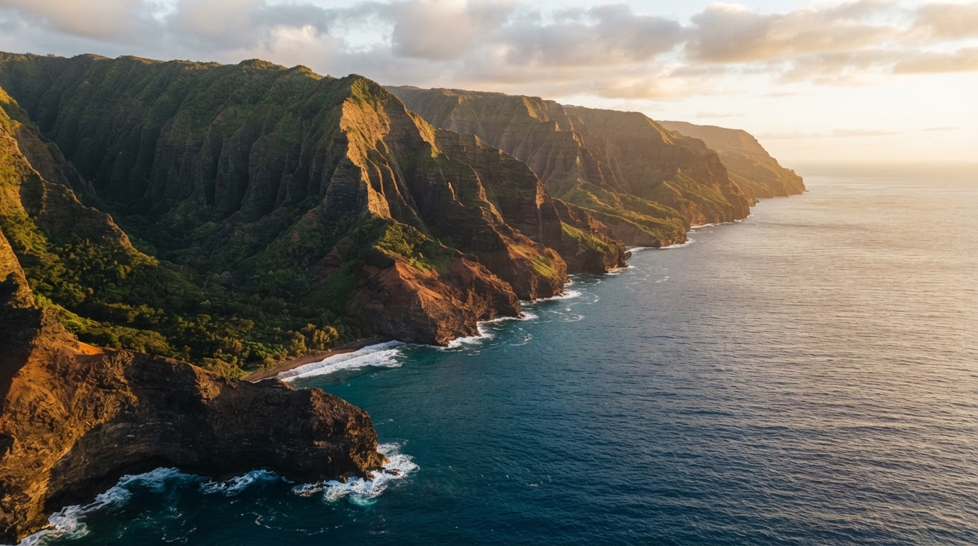 Molokaʻi ocean cliffs and coastline at golden hour