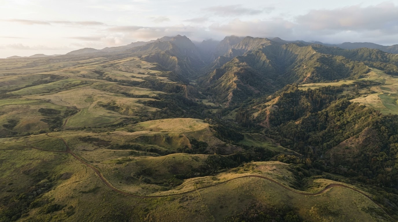 Aerial view of Molokaʻi ranch land, valleys, and distant mountains