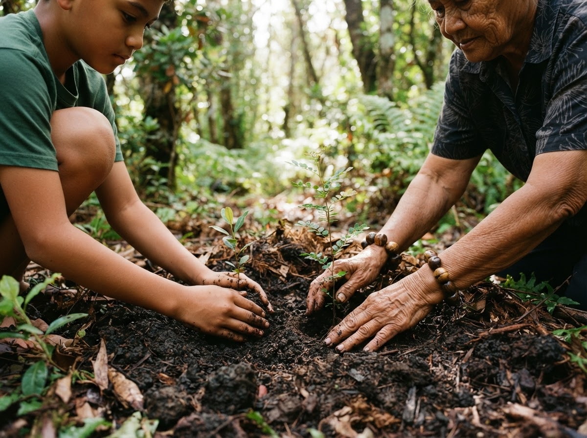 Hands of an elder and a youth planting native Hawaiian seedlings in forest soil