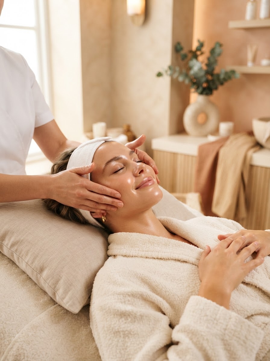 A woman enjoying a calming facial beauty treatment in a serene spa setting