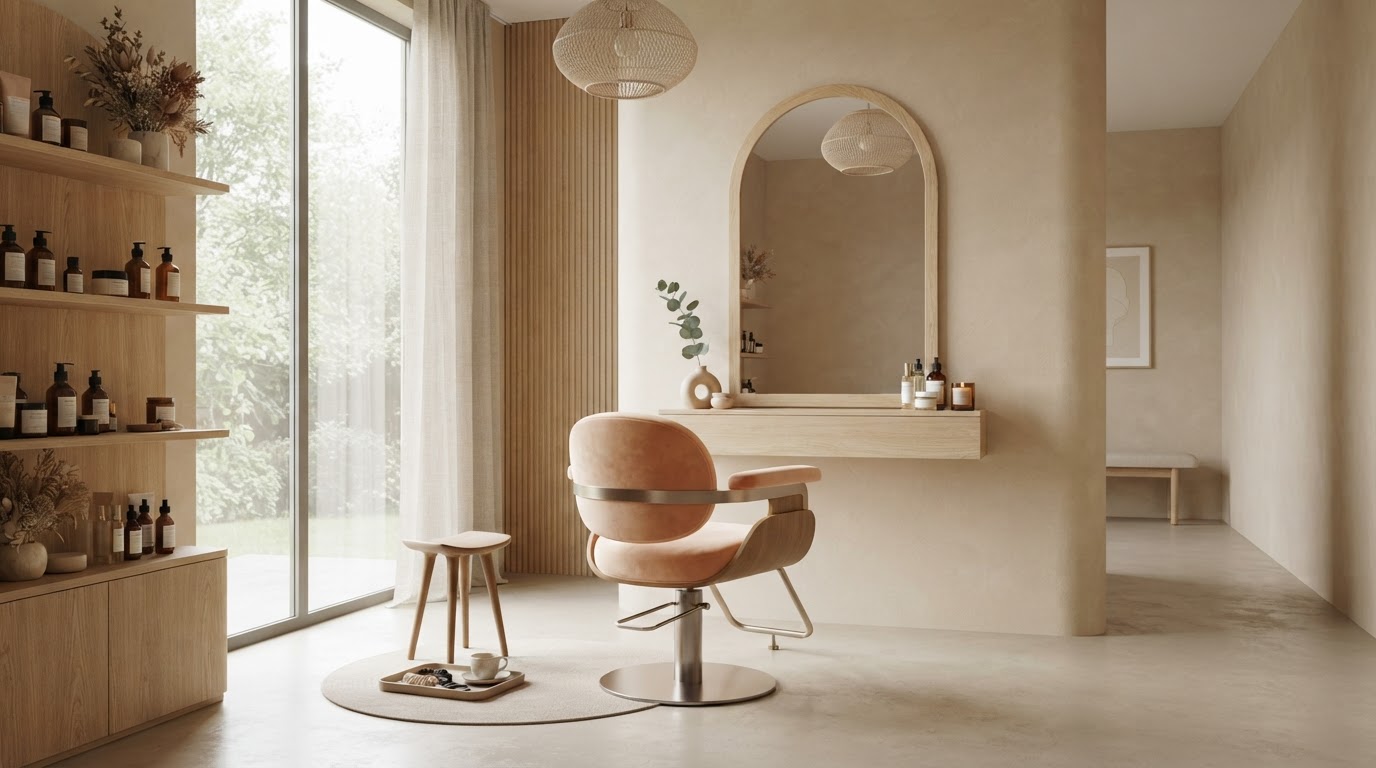 Minimalist premium beauty studio interior with warm beige and peach tones