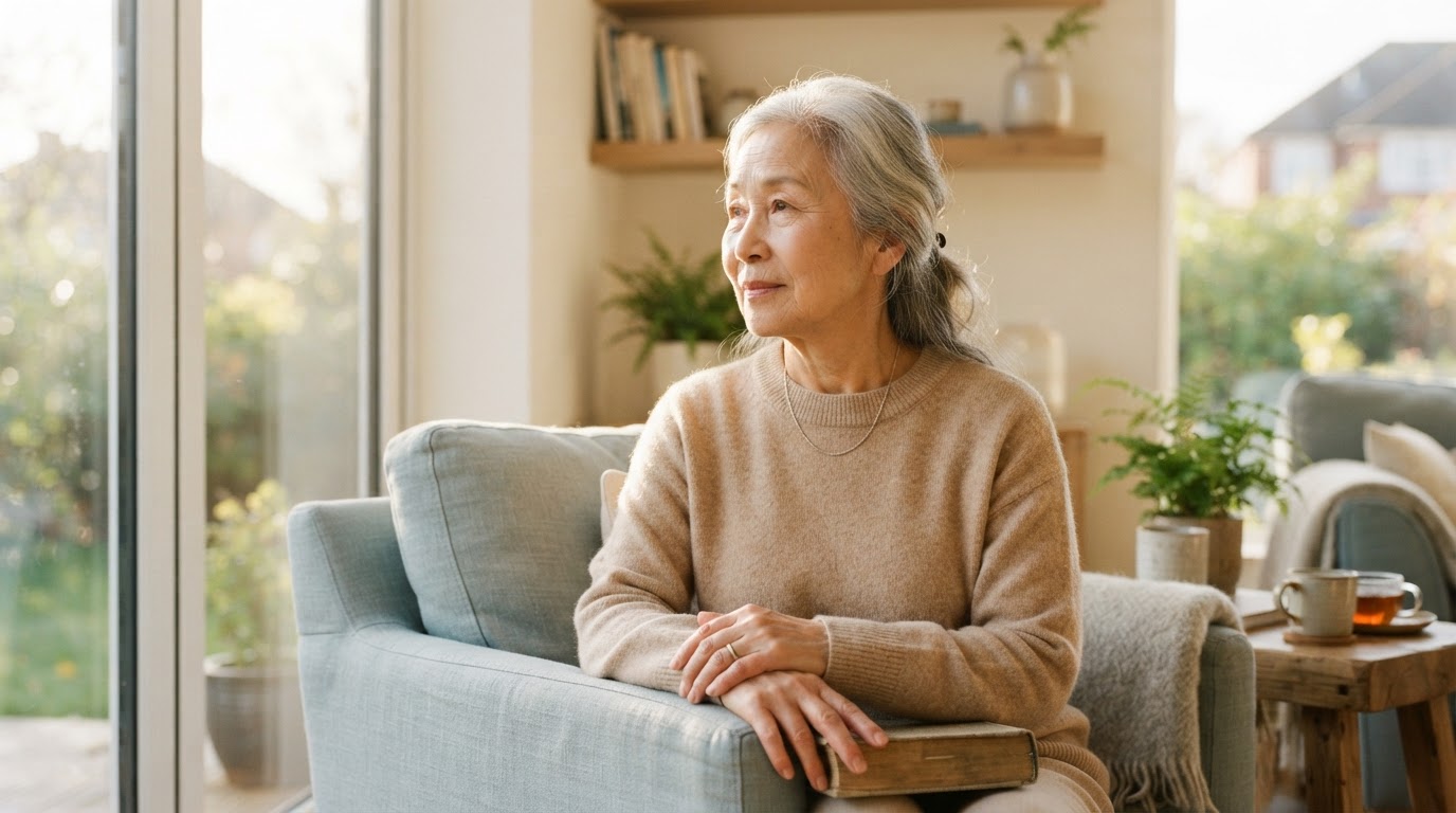 Serene elderly East Asian woman in a bright sunlit room