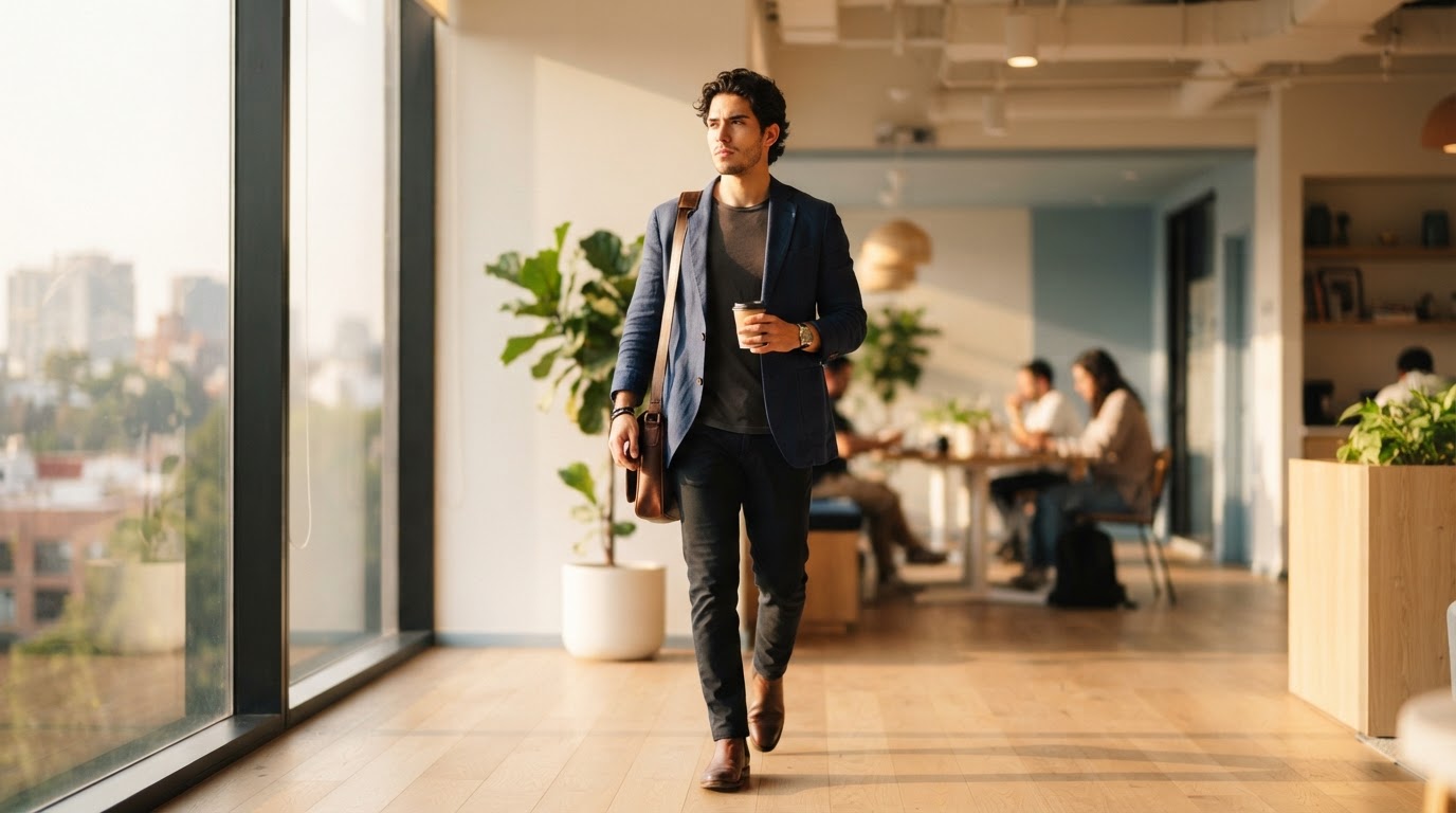 Determined young Latino man walking confidently in a bright sunlit room