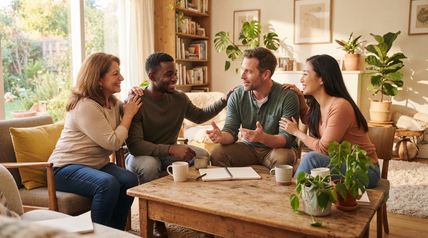 A diverse group of people of different ages, genders and cultures supporting each other in a warm sunlit room