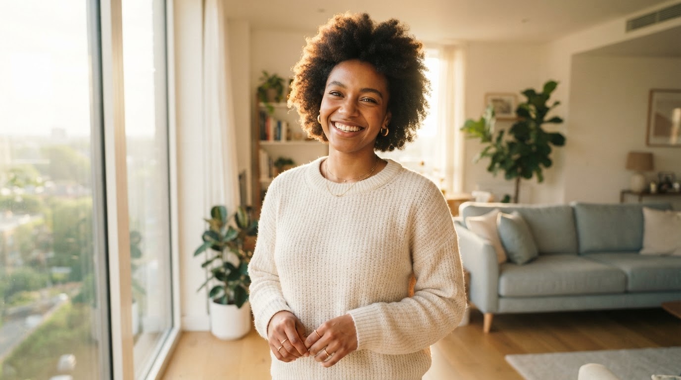 Confident young Black woman in a bright sunlit room