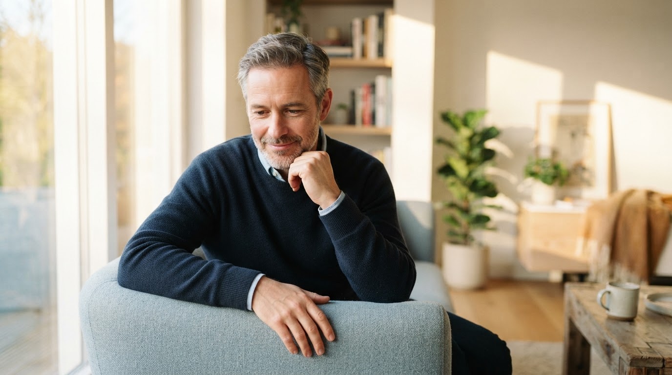 Calm middle-aged Caucasian man in a bright sunlit room