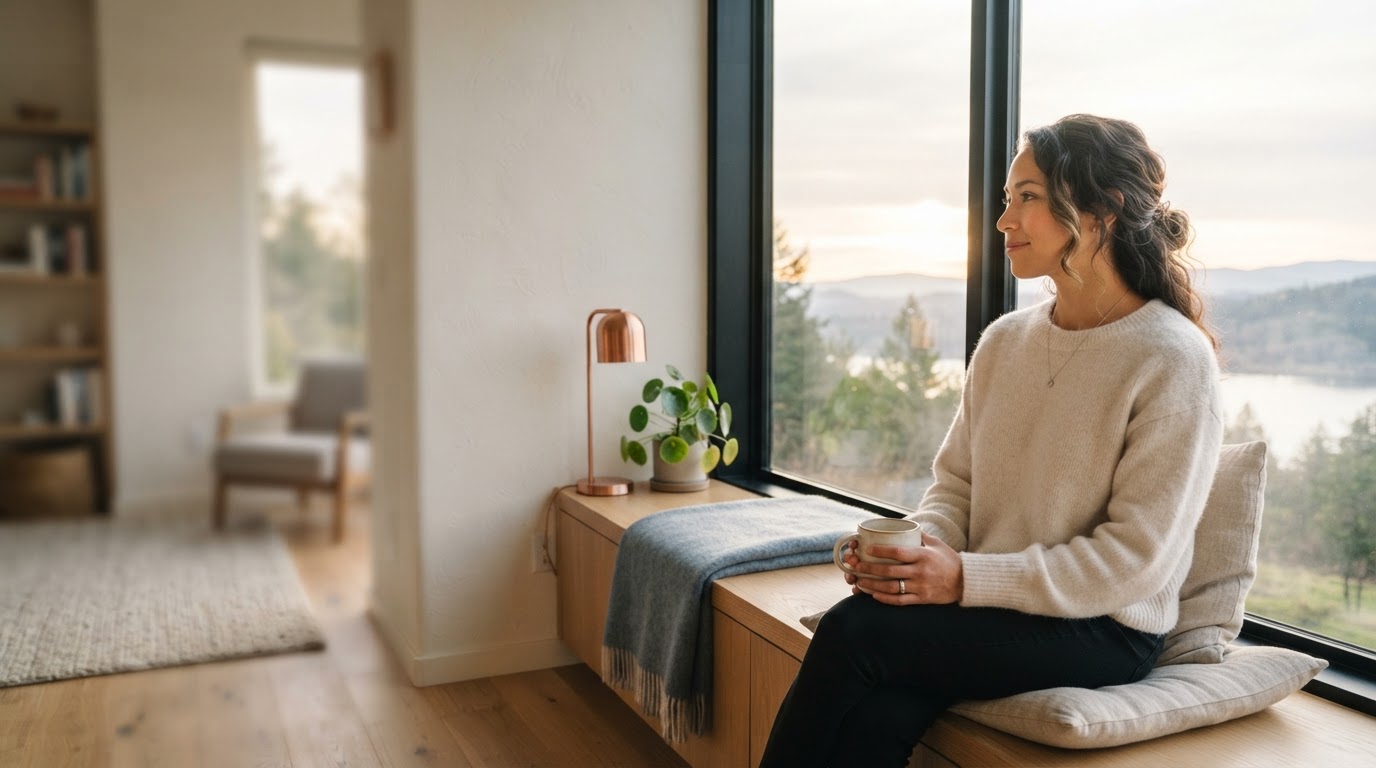 A calm figure sitting by a sunlit window looking toward the horizon