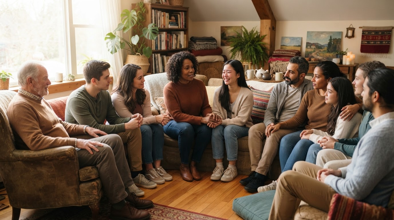 A diverse group of people supporting each other in a warm sunlit room, hopeful and calm