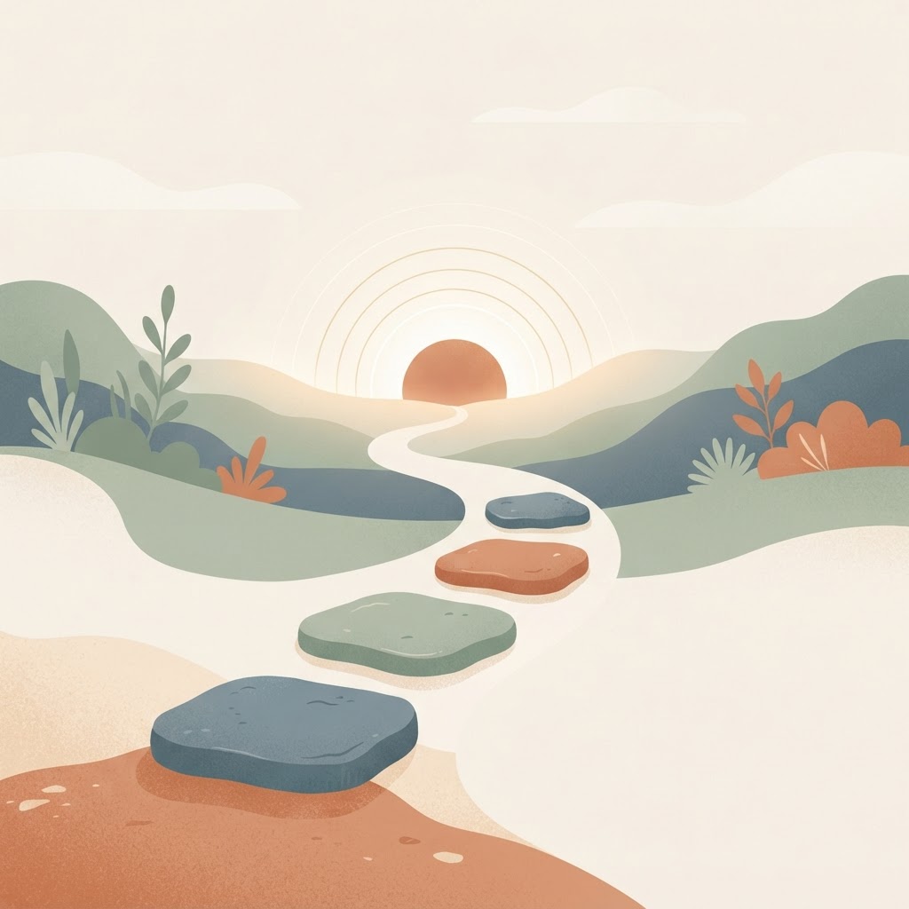 A winding path with stepping stones leading toward a glowing horizon