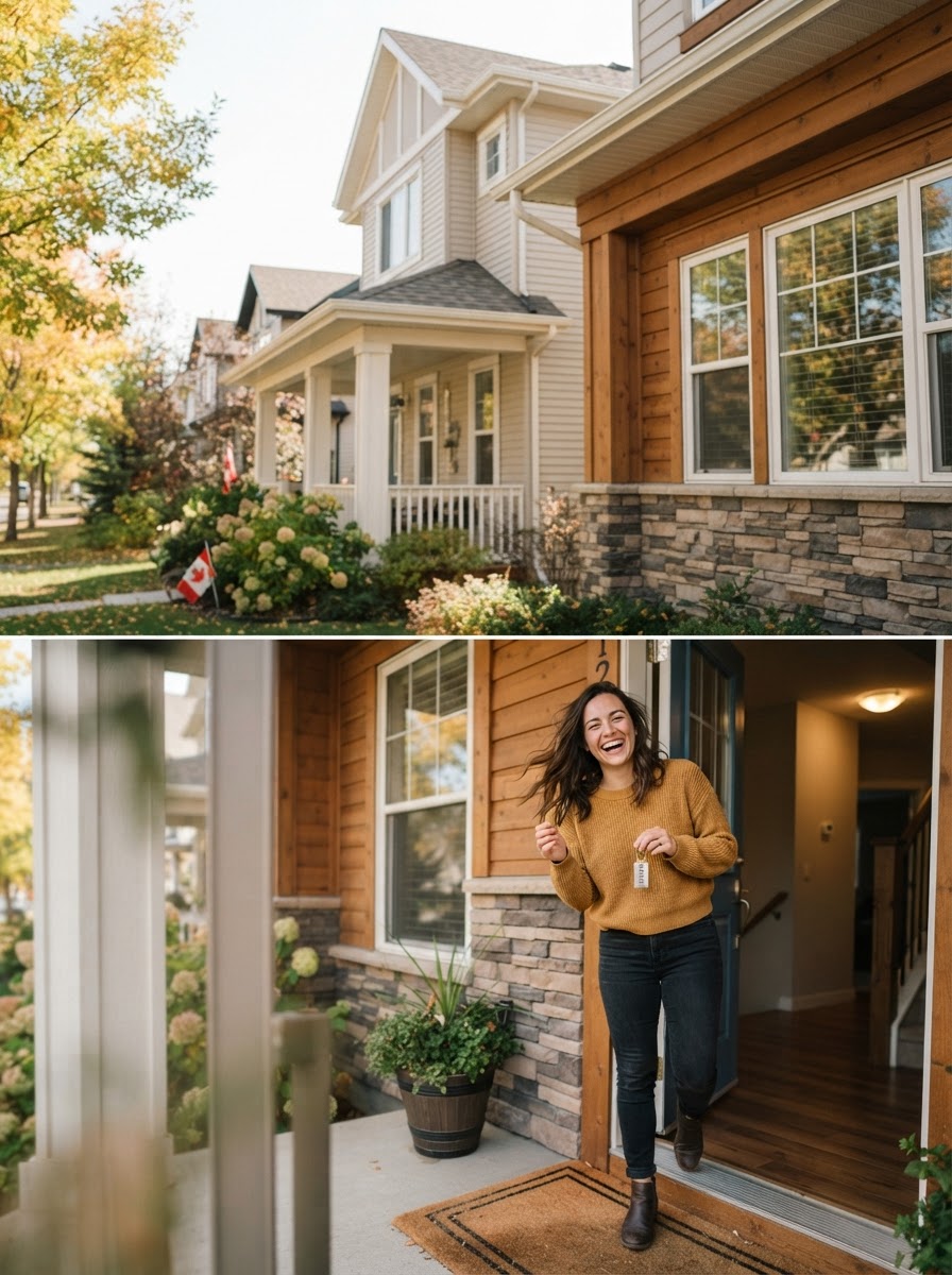 A new homeowner standing in the doorway of their first home