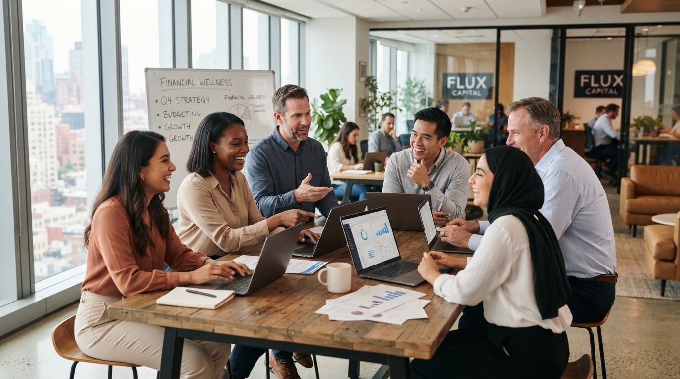 A diverse team of professionals in a modern workplace