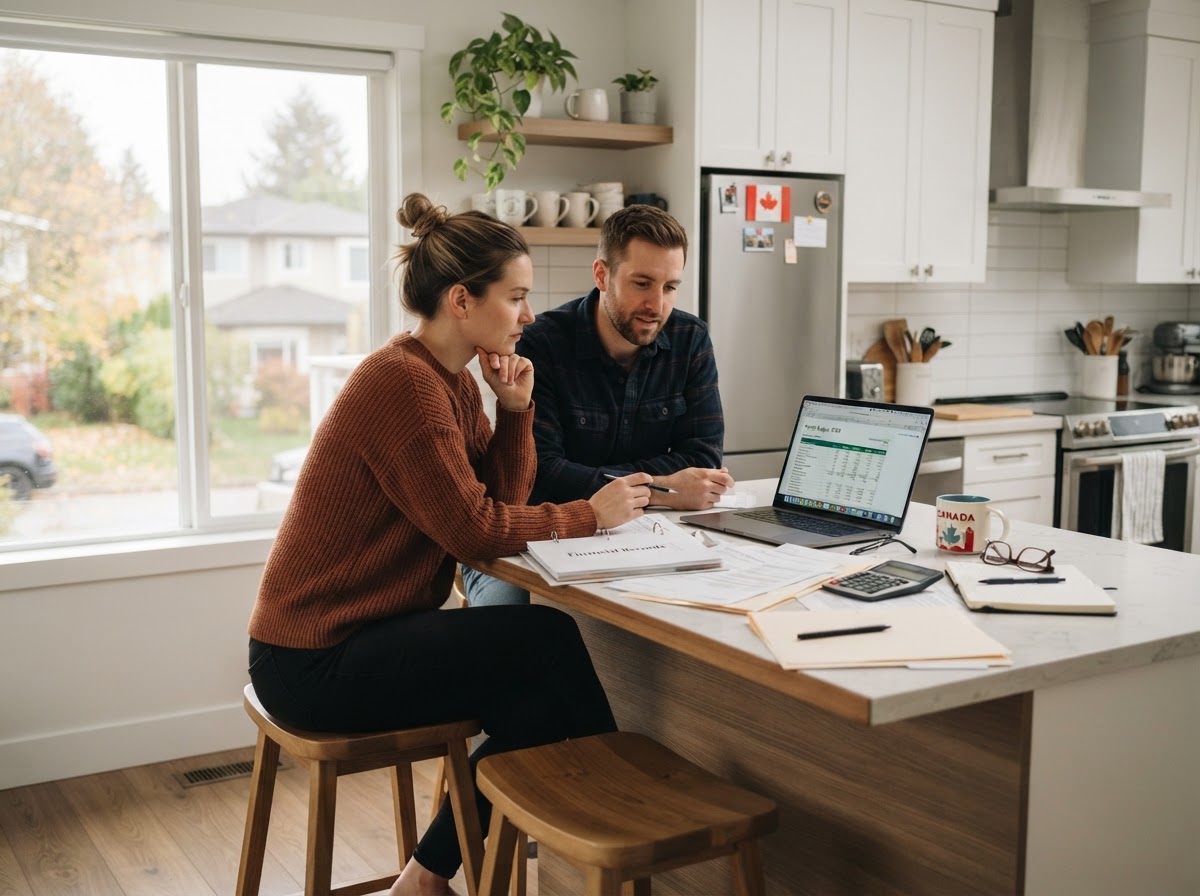 A couple reviewing their finances together at home