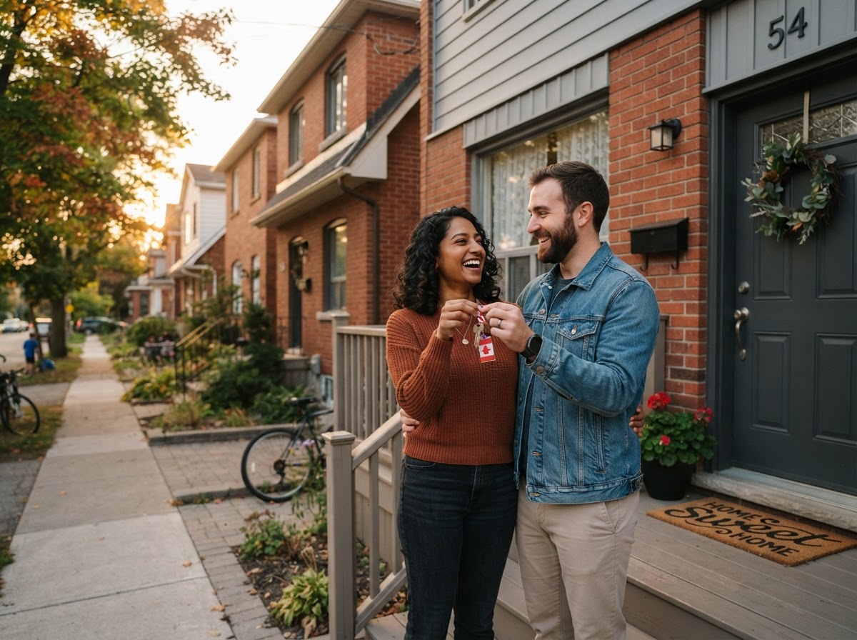 A couple standing on the porch of their first home, holding their keys