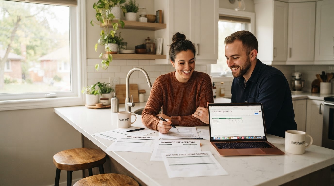 A couple reviewing their budget and paperwork at a kitchen counter while planning their first home purchase