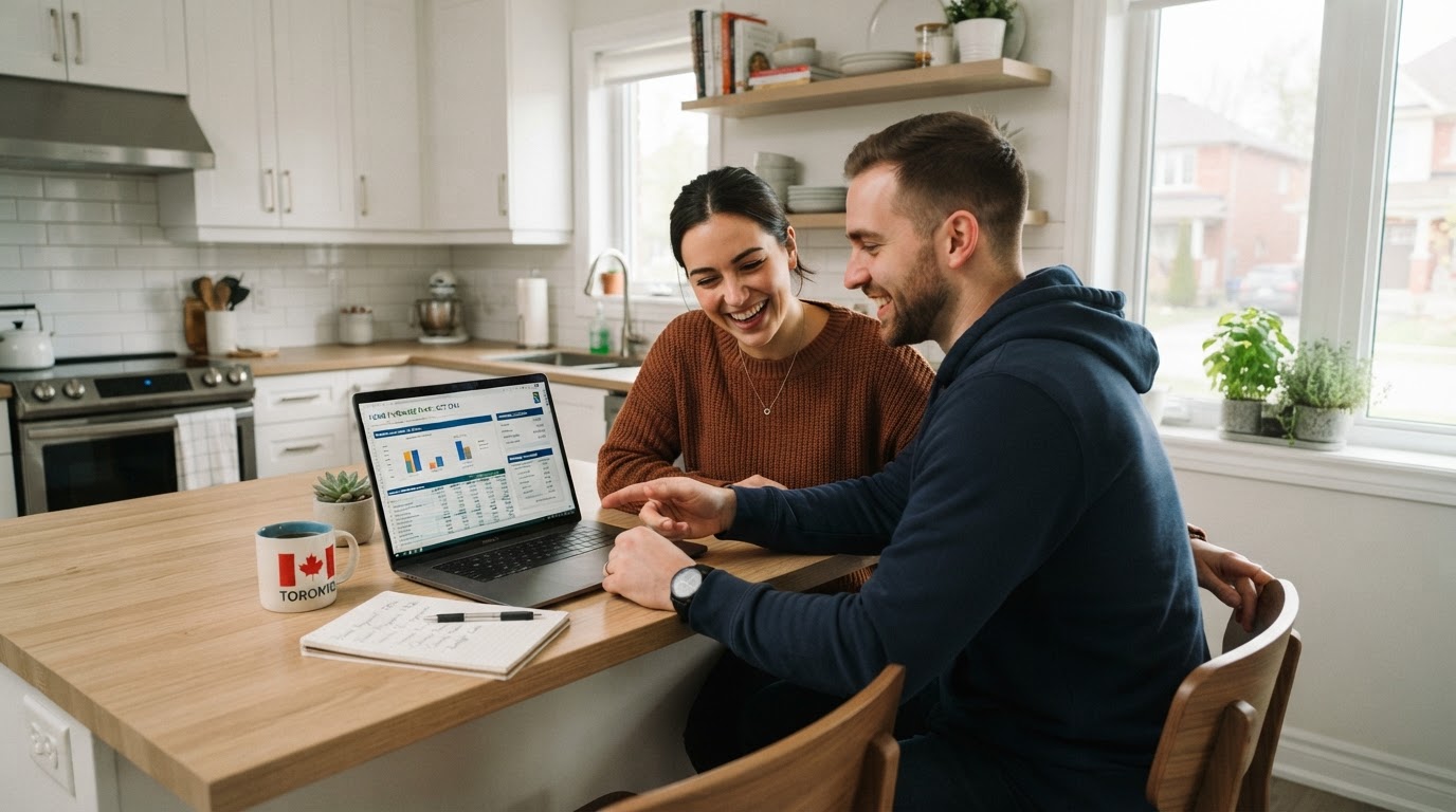 A couple planning their home purchase at a kitchen counter