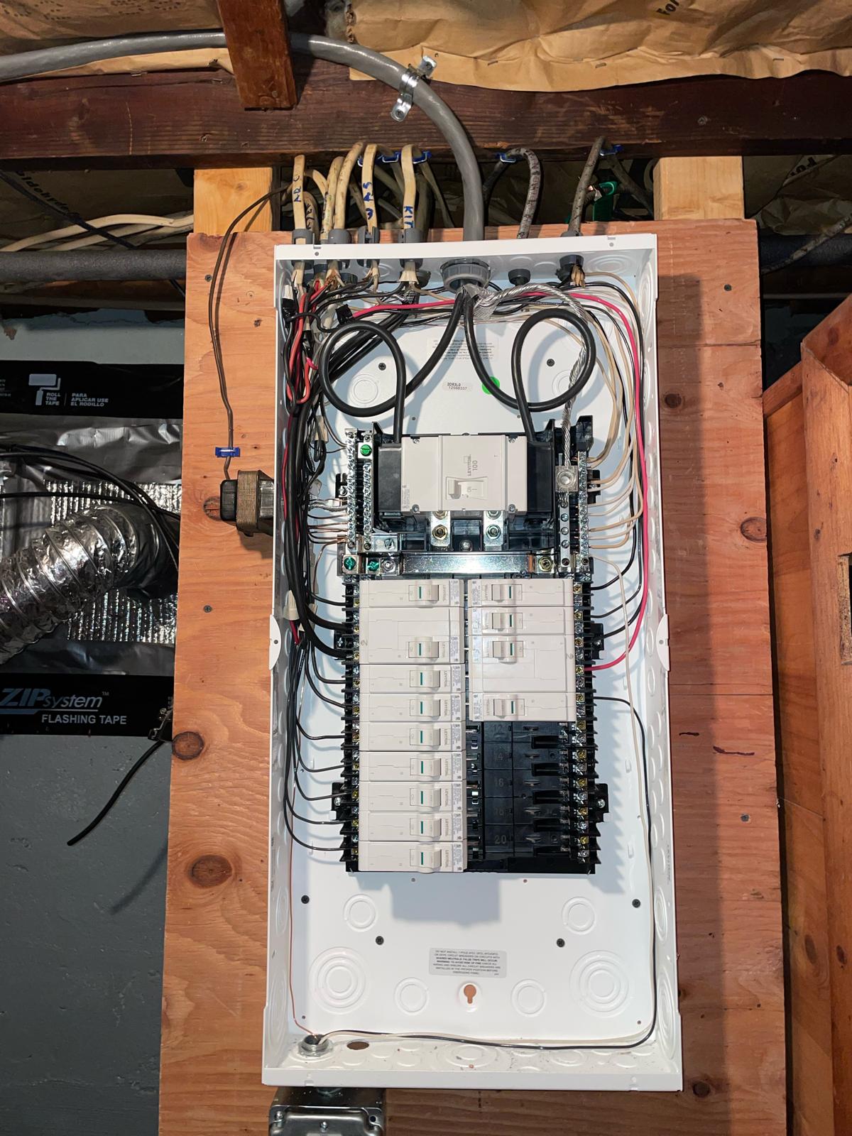 Leviton smart load center panel installation with tagged NM branch circuits and doorbell transformer by Prime Light Electric LLC in Worcester MA
