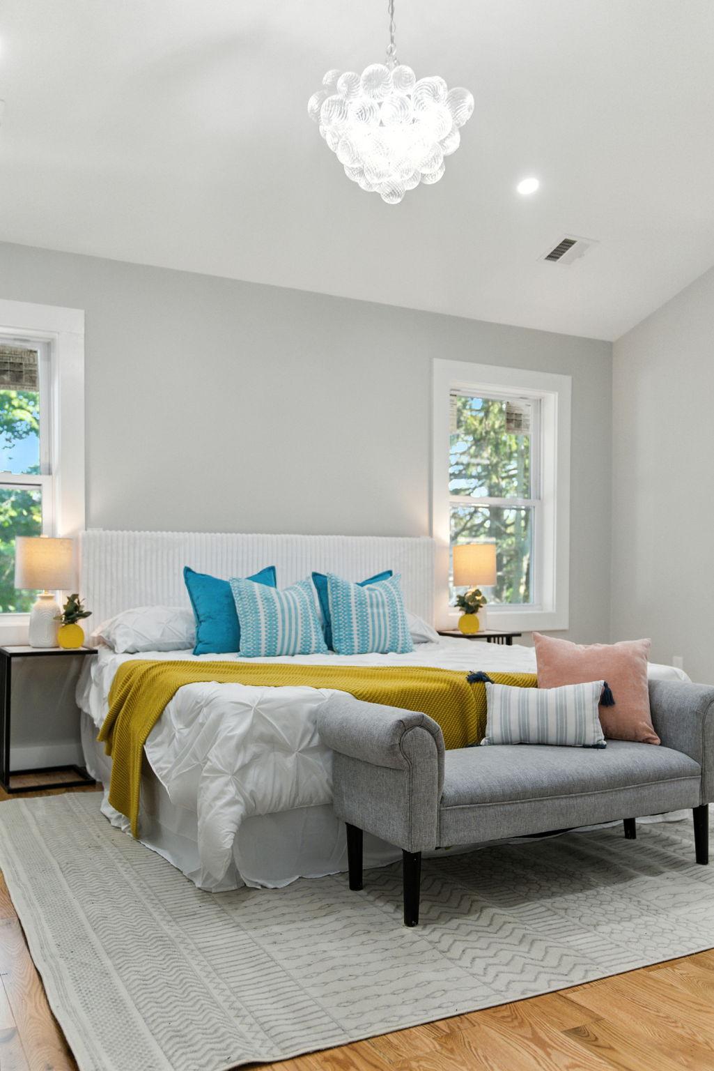Master bedroom chandelier installation and warm recessed LED ceiling lighting by Prime Light Electric LLC in Westborough MA