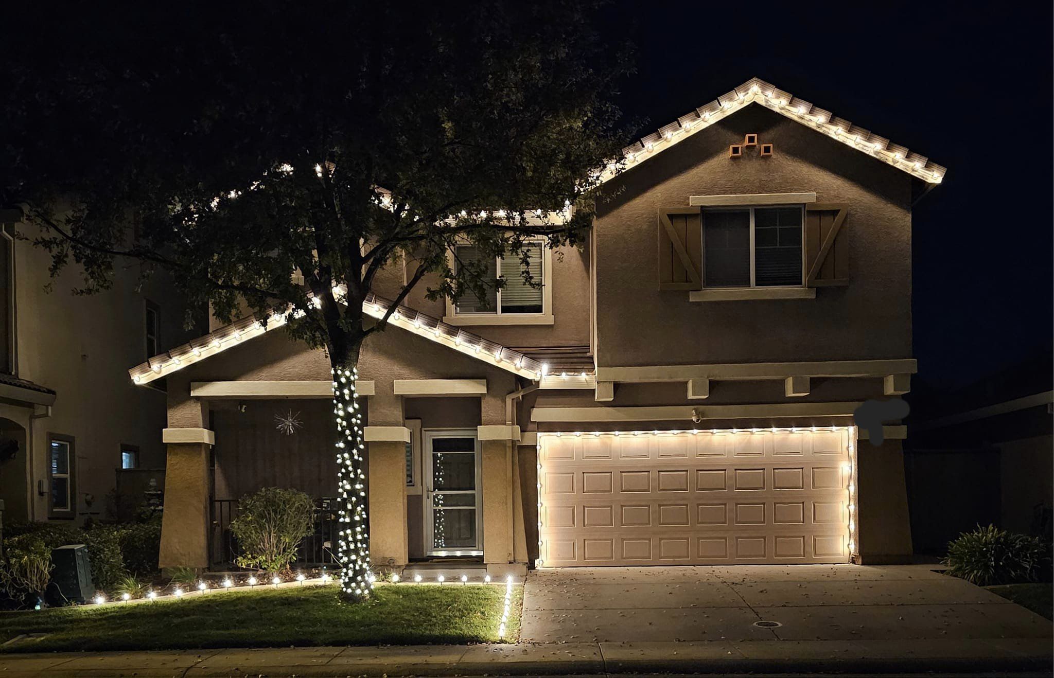 Christmas lights with lawn and trees