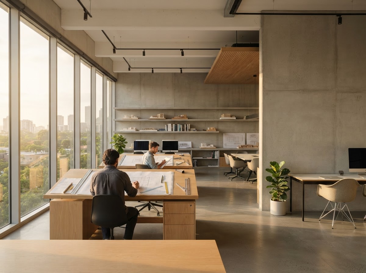 A bright, modern architect firm office interior in warm natural light