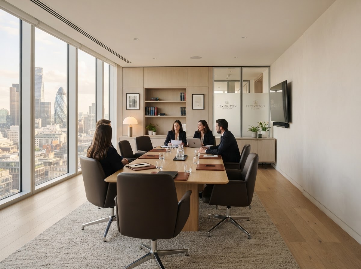 A bright, modern law firm office interior in warm natural light