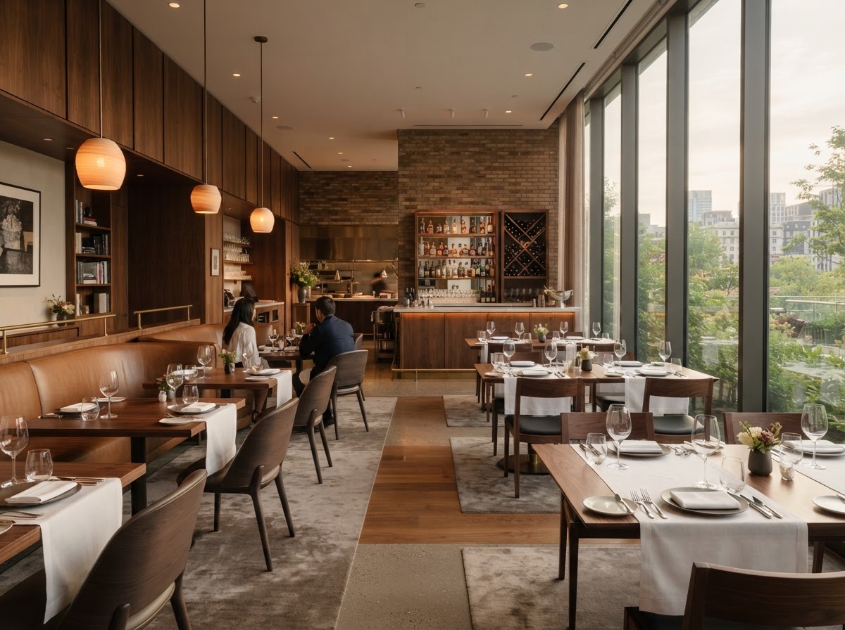 An elegant modern restaurant interior in warm natural light