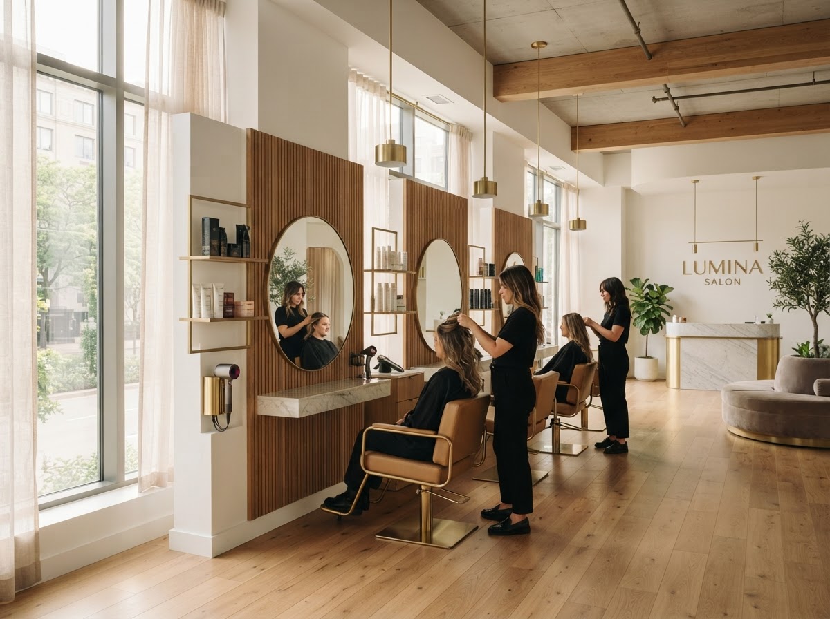 A stylish upscale salon interior in warm natural light