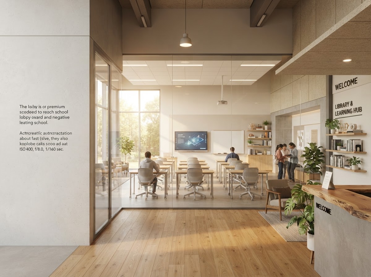 A bright, modern school lobby and classroom interior in warm natural light
