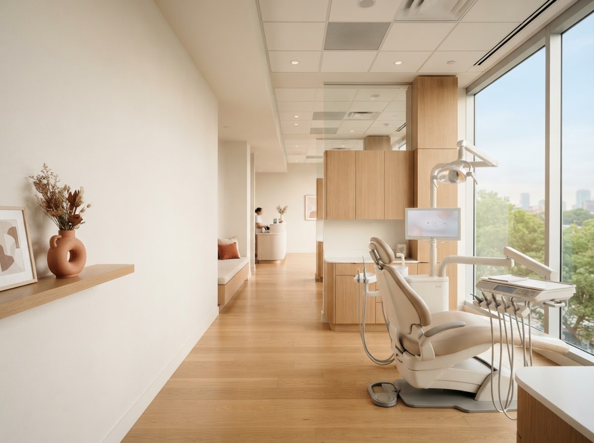 A bright, modern professional business interior in warm natural light