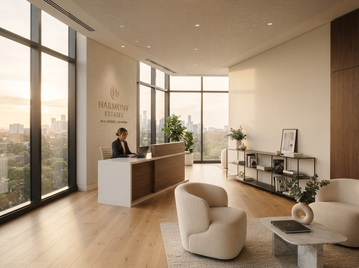 A bright, modern real estate agency office interior in warm natural light