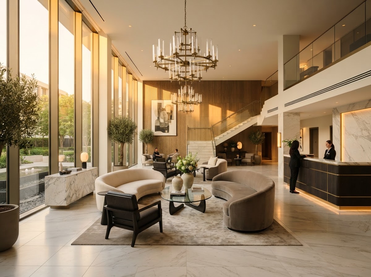 A stylish modern hotel lobby interior in warm natural light