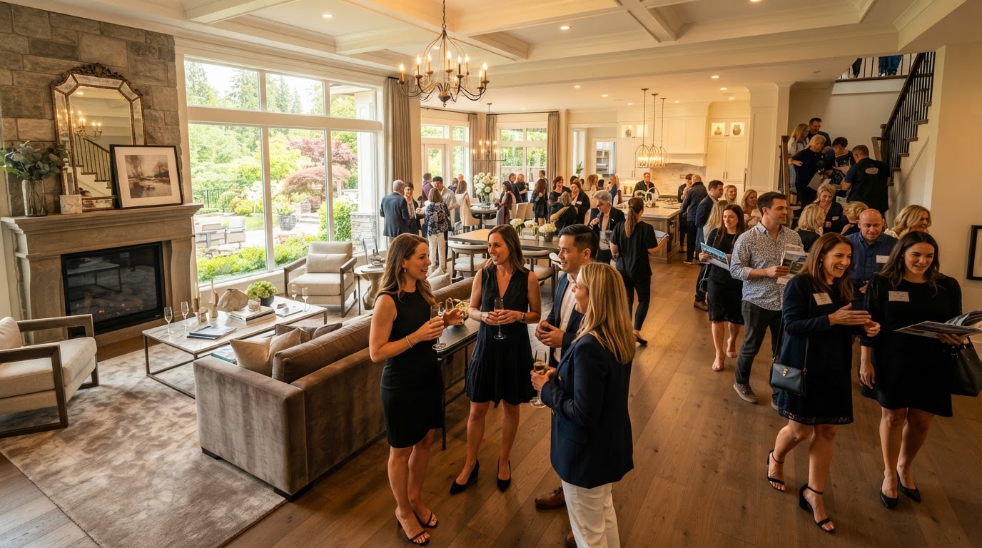 Crowded open house at a luxury home with many visitors touring