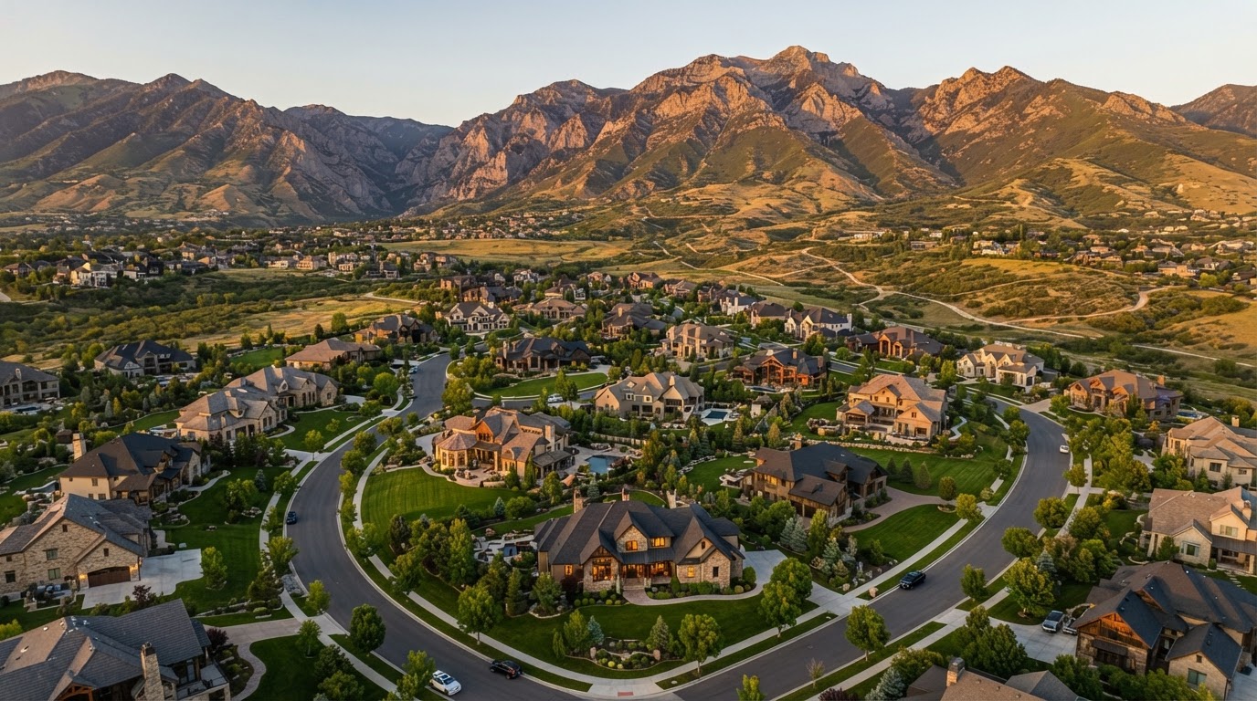 Aerial view of an upscale Utah neighborhood at golden hour