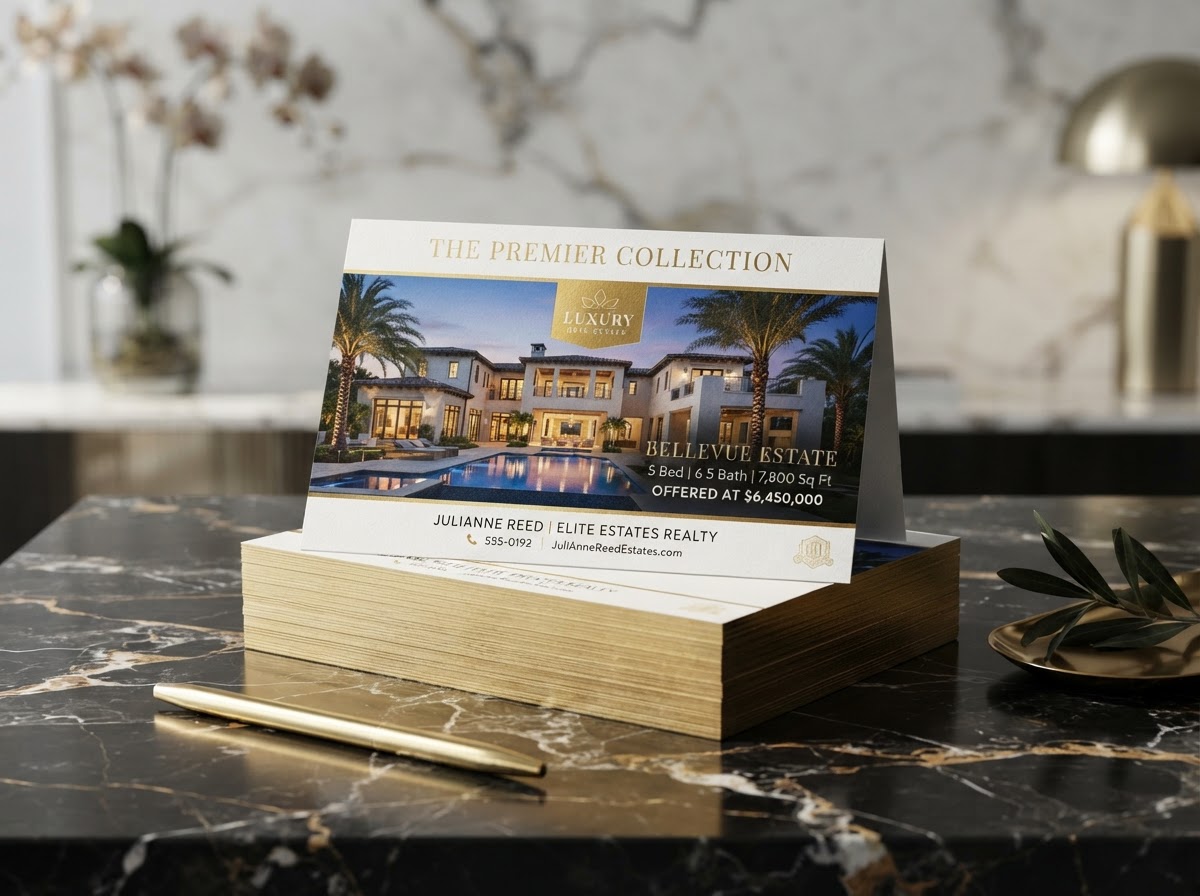 Stack of elegant real estate direct mail postcards with luxury home photos